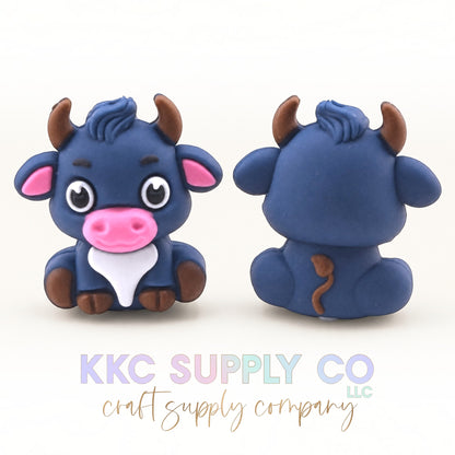 Blue cow 3D silicone focal bead front and back