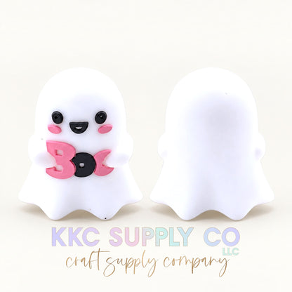 Pink BOO ghost 3D silicone focal bead front and back