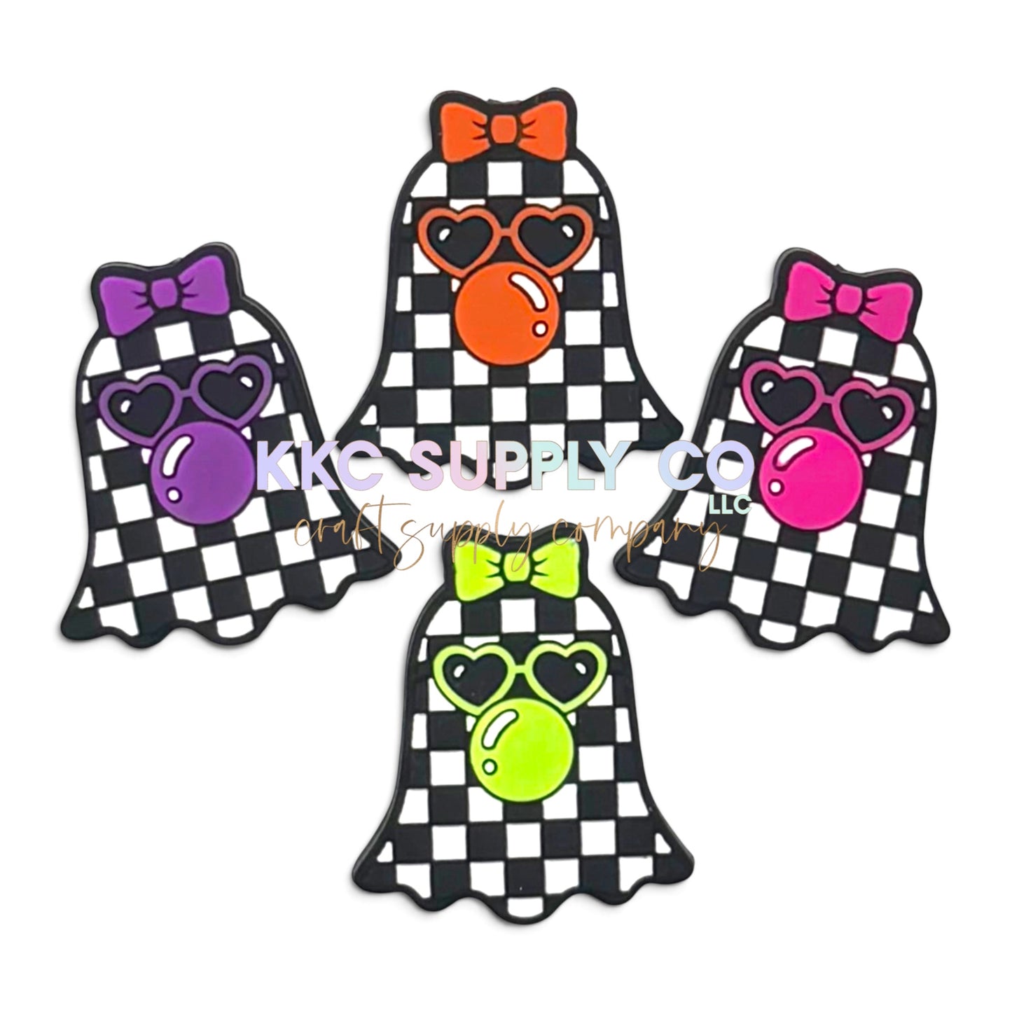 Bubble Boo custom checker ghost silicone focal beads in purple, orange, pink and neon green