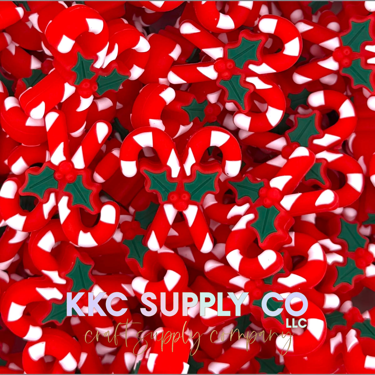 Candy cane with holly 3D silicone focal bead