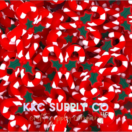 Candy cane with holly 3D silicone focal bead