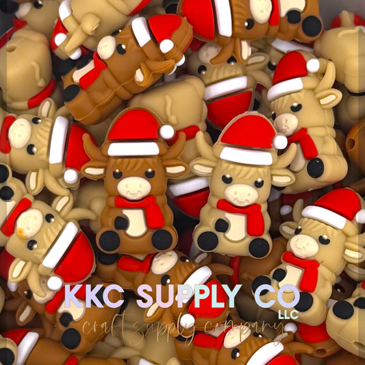 Christmas cow in Santa hat 3D silicone focal bead