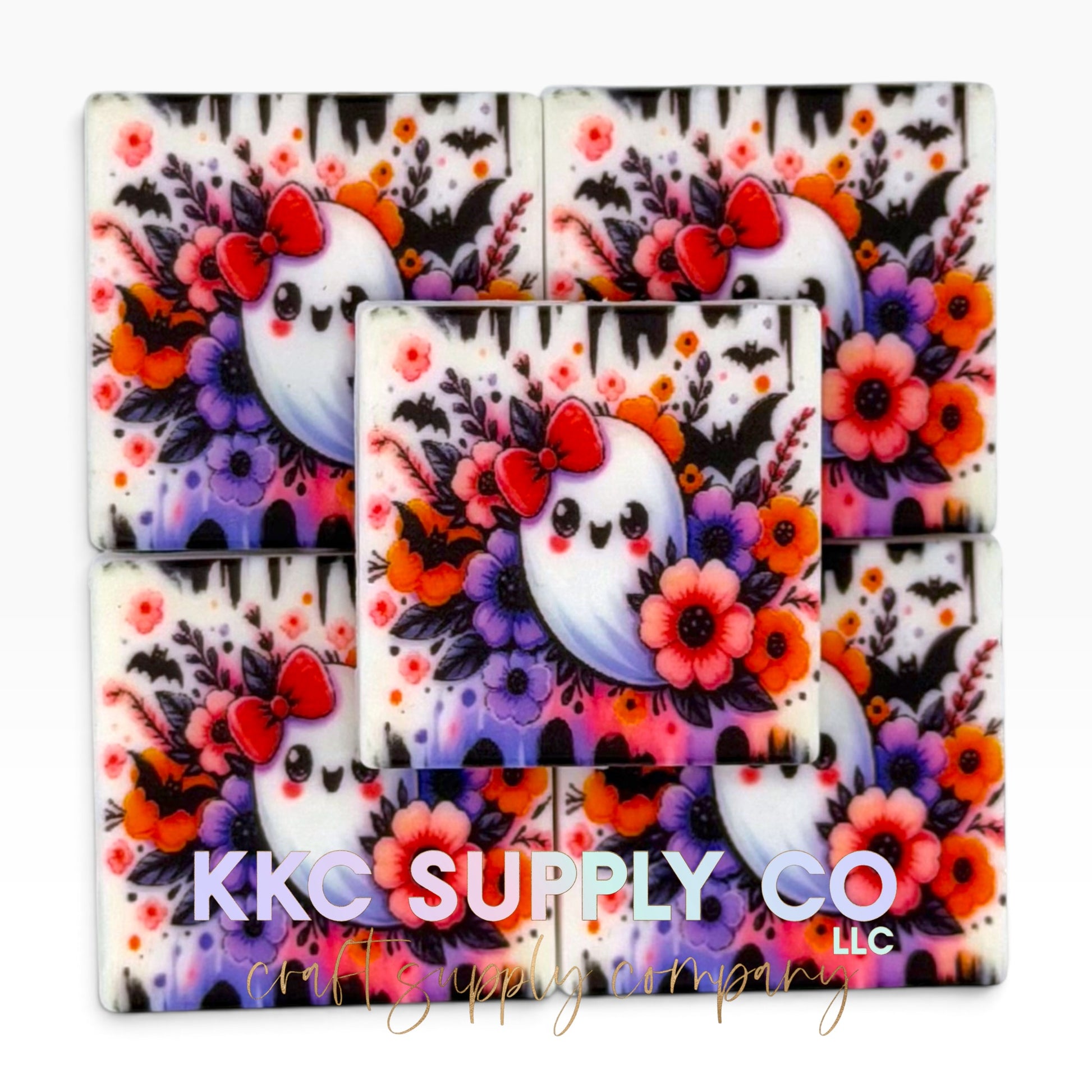 Floral ghost square printed silicone focal bead
