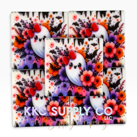 Floral ghost square printed silicone focal bead