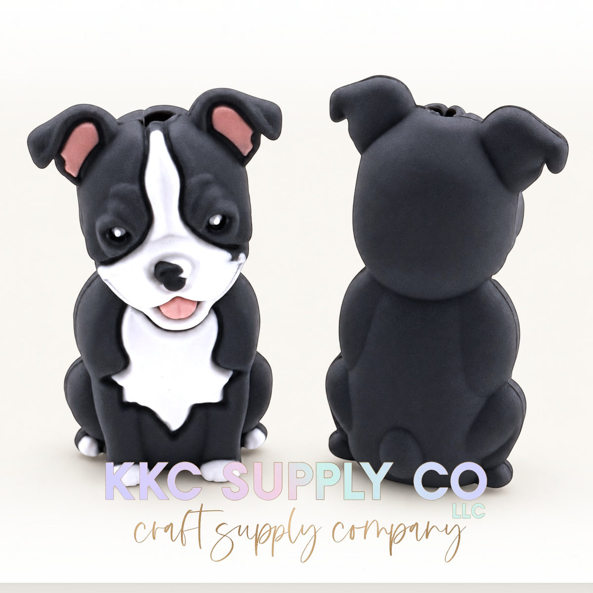 Black and white pit bull 3D silicone focal bead front and back