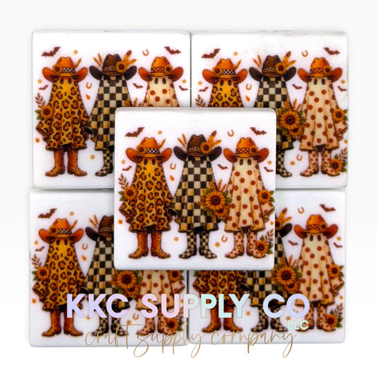 Western ghost trio square printed silicone focal bead