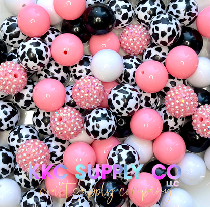 Pink and Black/White Cow Print Bubblegum Bead Mix 20mm