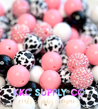 Pink and Black/White Cow Print Bubblegum Bead Mix 20mm