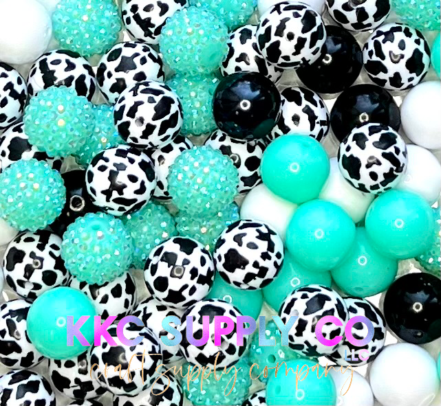 Teal and Black/White Cow Print Bubblegum Bead Mix 20mm *Best Seller*