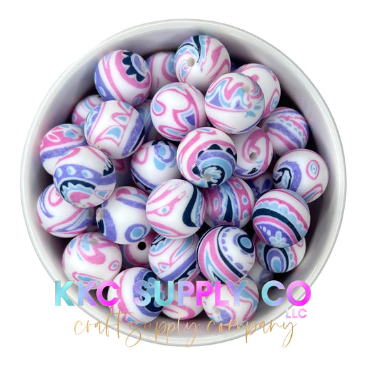 SP36-Pink, Blue and White Paisley 15mm Silicone Bead