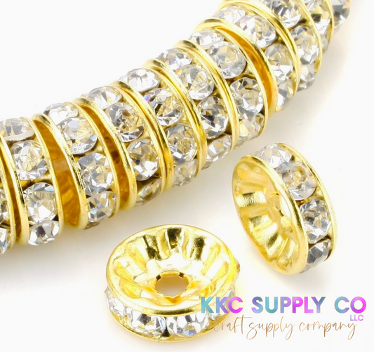Clear Rhinestone Gold Spacer Bead 8mm or 10mm