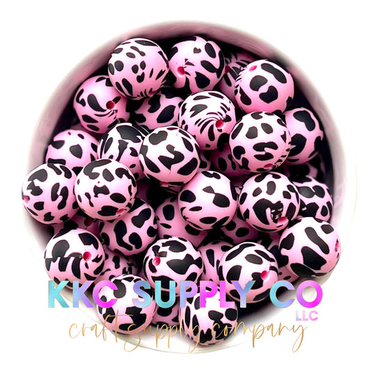 SP27-Cow Print 15mm Hot Pink and Black Silicone Beads