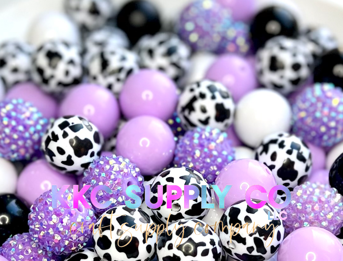 Purple and Black/White Cow Print Bubblegum Bead Mix 20mm