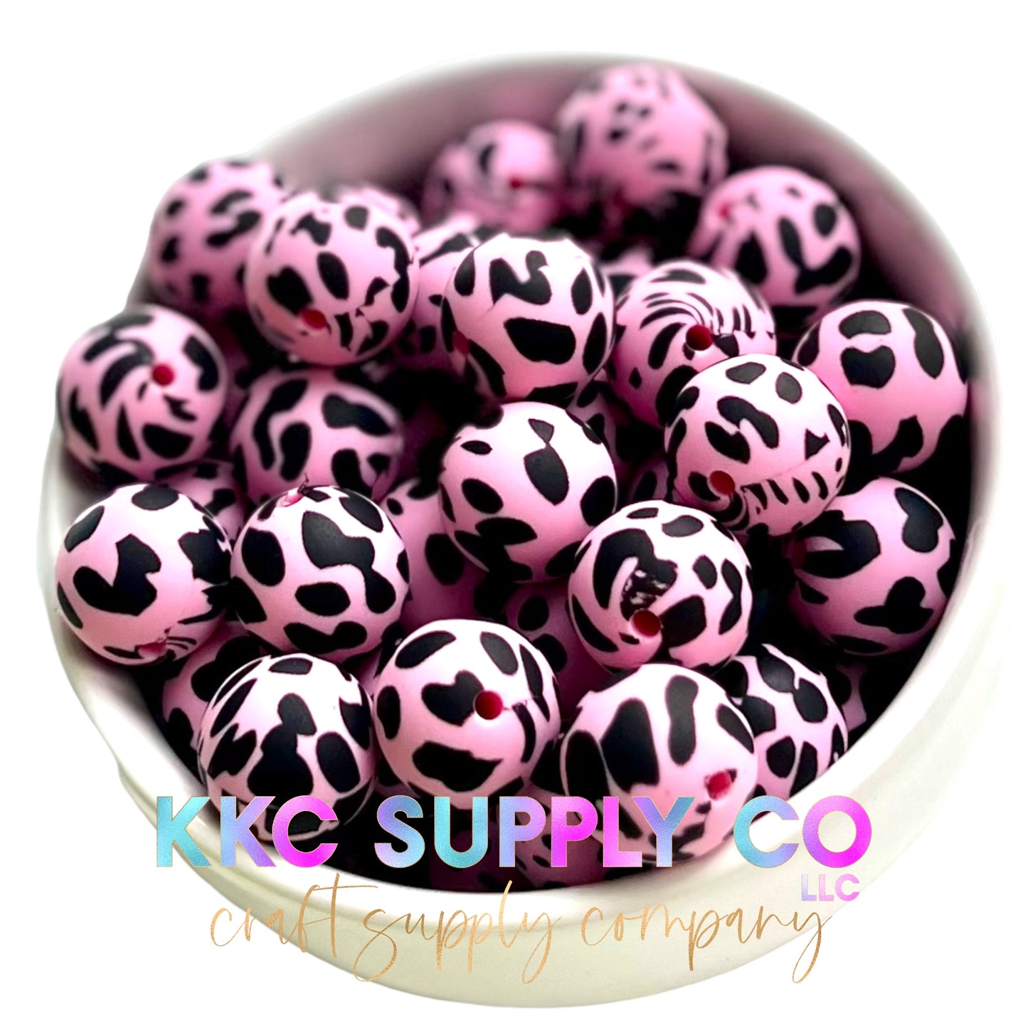 SP27-Cow Print 15mm Hot Pink and Black Silicone Beads