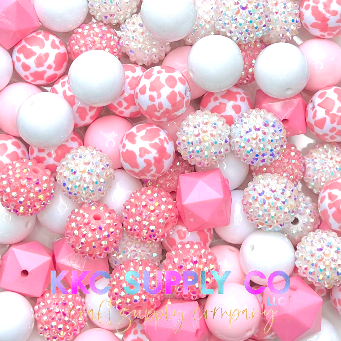 Pink Cow Print and White Bubblegum Bead Mix 20mm