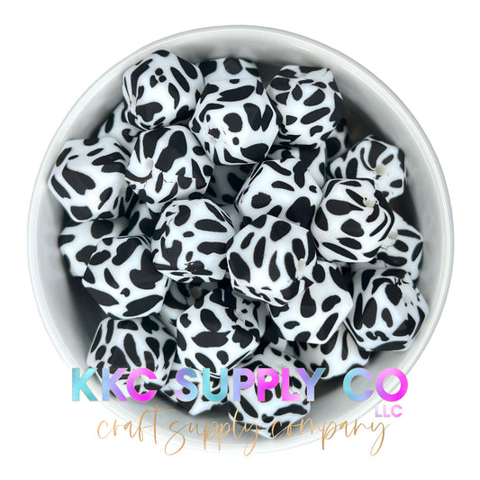 SP26-Cow Print Black and White 14mm Hexagon Silicone Bead
