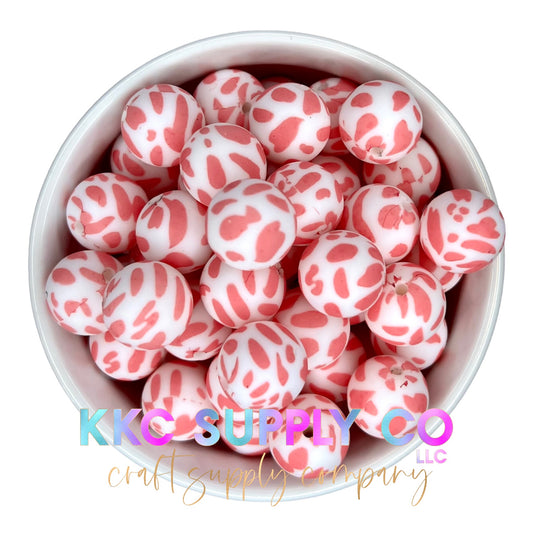 SP28-Pink and White Cow Print 15mm Silicone Bead